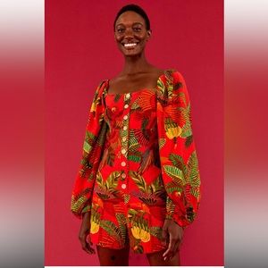 FARM Rio NWT Red Forest Birds Romper with Balloon Sleeves and front Buttons.